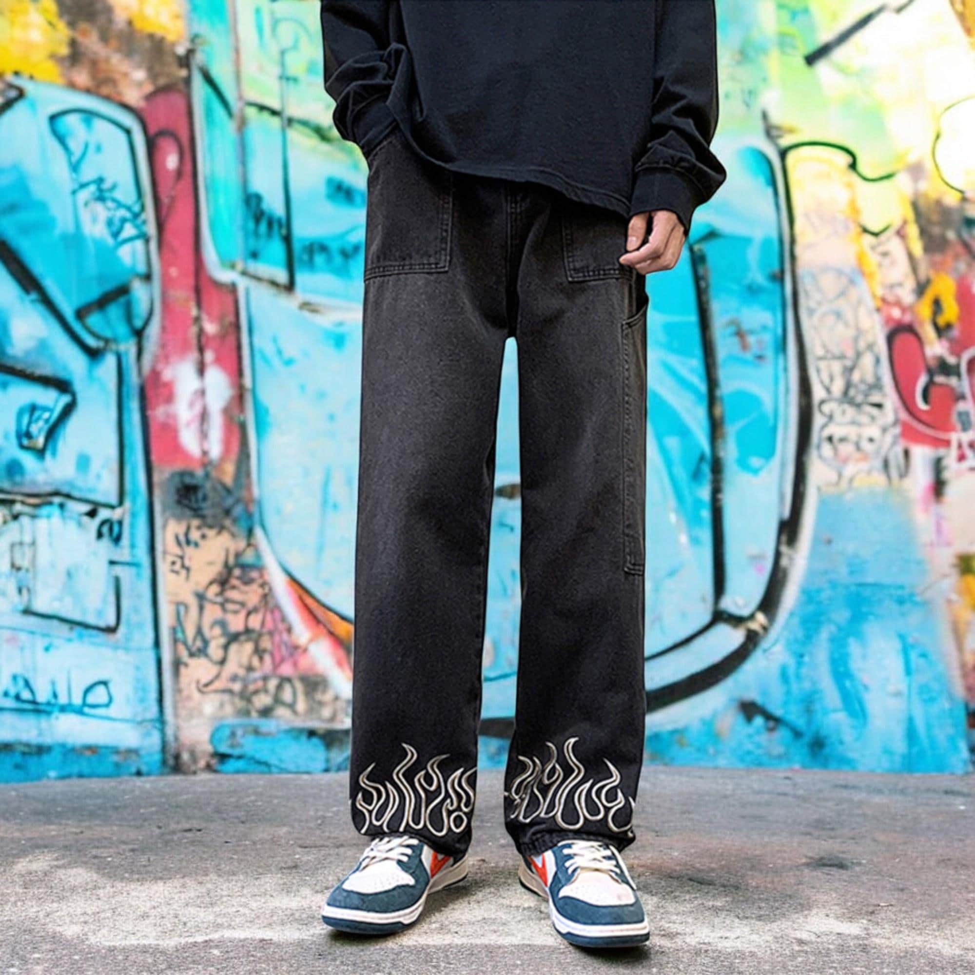 Y2K Vintage Flame Printed Jeans for Men, Stylish Baggy Wide Leg