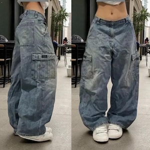 2024 Retro High Waist Straight Leg Baggy Jeans for Women–Washed Blue Y2K Street Style Gothic Wide Pants with Pockets,Casual Fashion Trousers