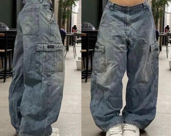 2024 Retro High Waist Straight Leg Baggy Jeans for Women–Washed Blue Y2K Street Style Gothic Wide Pants with Pockets,Casual Fashion Trousers