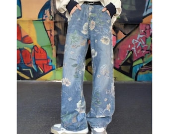 Jeans de mezclilla con estampado floral Y2K: estilo urbano holgado de pierna ancha unisex para hombre y mujer.