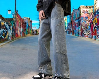Y2K Vintage Flame Printed Jeans for Men, Stylish Baggy Wide Leg Denim Trousers for Hip Hop Fashion, Unique Streetwear Gift for Trendsetters