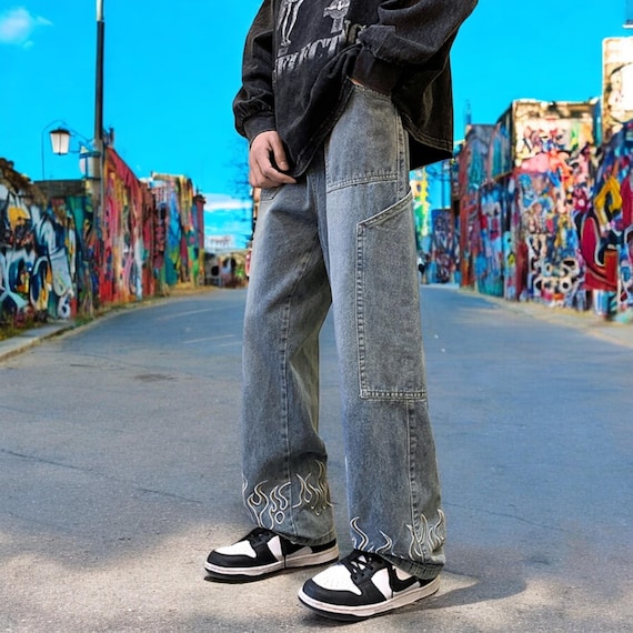 Y2K Vintage Flame Printed Jeans for Men, Stylish Baggy Wide Leg