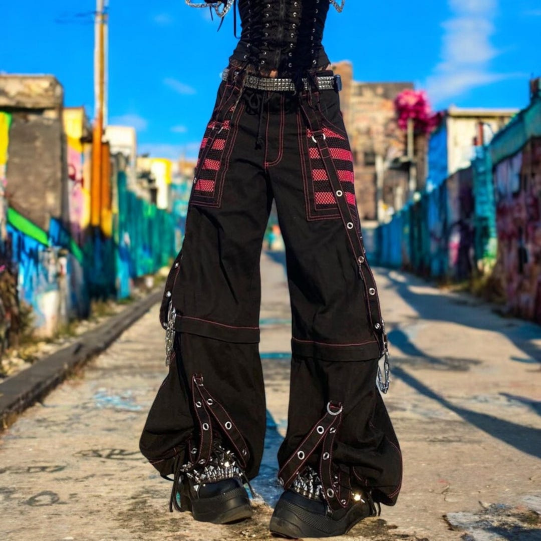 Gothic Women Punk Cargo Pants, Trendy Baggy Wide Straight Leg