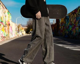 Pantalones vaqueros holgados con estampado floral estilo Y2K para hombre, pantalones vaqueros de pierna ancha vintage para estilo urbano casual, regalo perfecto para él, regalo para él