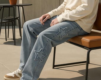 Pantalones vaqueros góticos con estampado de estrellas y patchwork, estilo Y2K unisex, corte recto, moda urbana vaquera para hombre y mujer, estilo retro vintage vanguardista.