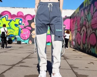 Blue Woven Women's High Waist Cargo Joggers: Elastic Drawstring Side Pockets S-5XL