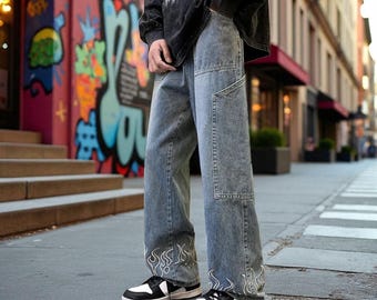 Wide Leg Casual Jeans for Men, Y2K Gothic Streetwear Trousers, Trendy Gift for Hip-hop Fashion Lovers, Vintage Baggy Denim Pants Outfit