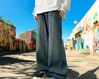 Wide Leg Jeans Unisex, Loose Straight Denim Pants in Vintage Blue, Perfect Harajuku Streetwear Trouser Gift for Fashion Enthusiasts