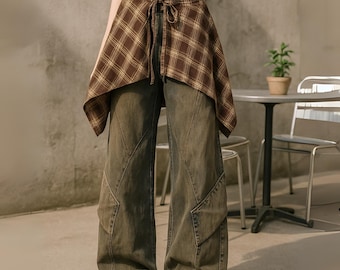 Women’s Blue Y2K Jeans with Skirt, Harajuku Vintage Baggy Denim Trousers, 2000s Style Oversized Long Pants, Casual Streetwear Fashion
