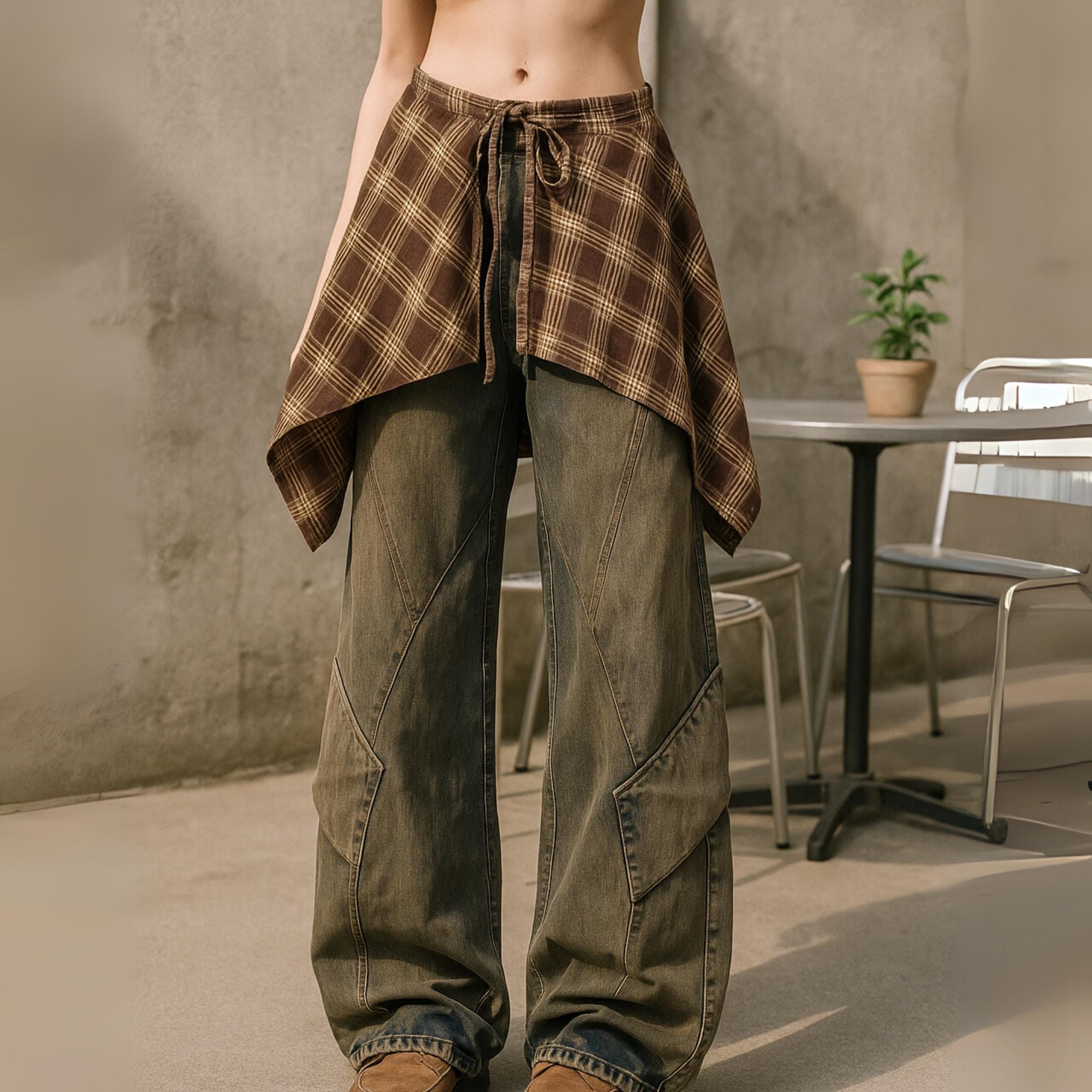 Women's Blue Y2K Jeans with Skirt, Harajuku Vintage Baggy Denim Trousers, 2000s Style Oversized Long Pants, Casual Streetwear Fashion