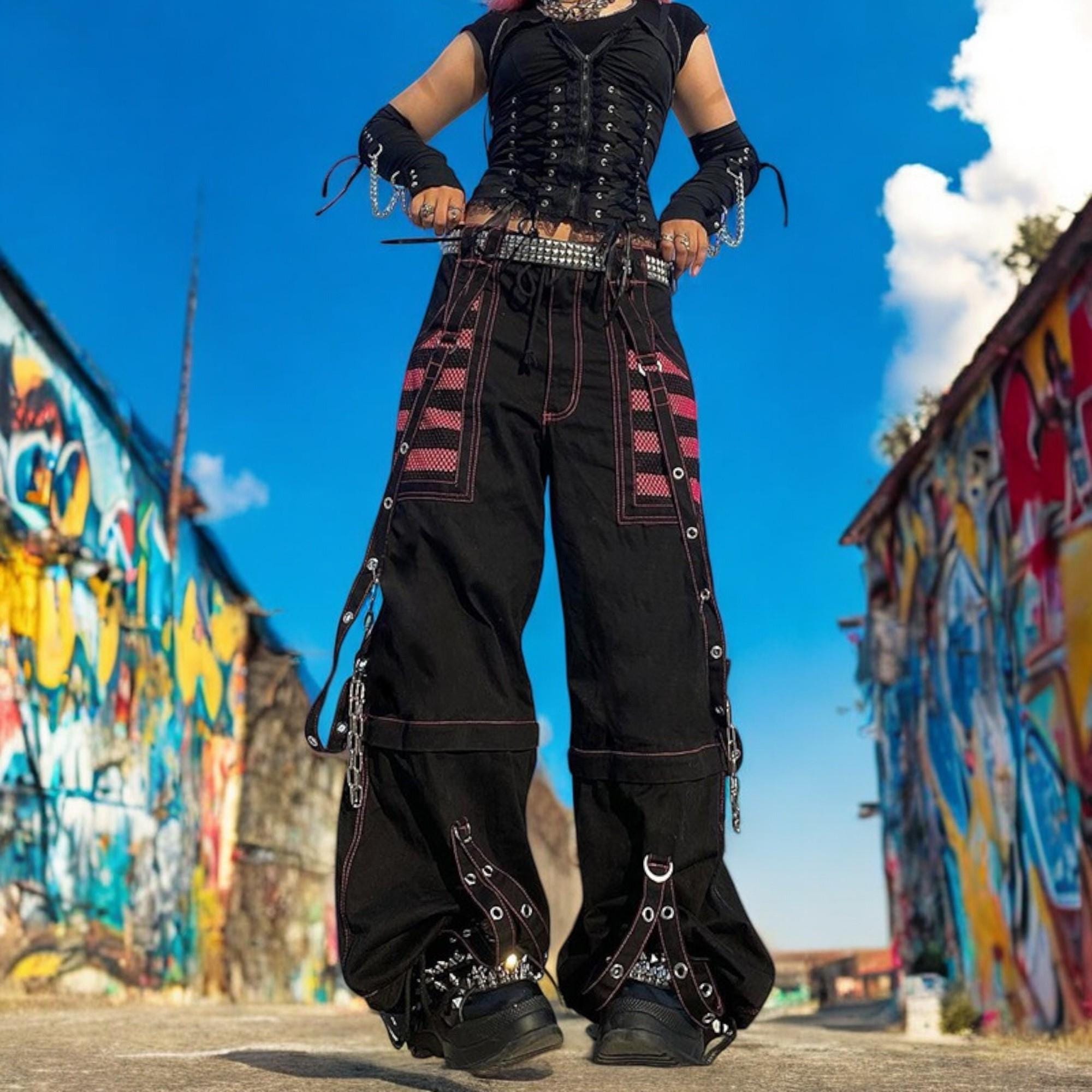 Gothic Women Punk Cargo Pants, Trendy Baggy Wide Straight Leg