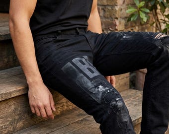 Black Slim Fit Stretch Denim Gothic Jeans: Distressed Ripped Pants