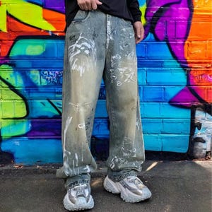 Blue Streetwear Jeans, Graffiti Print Jeans, Urban Style Blue Streetwear Jeans, Graffiti Print Jeans, Urban Style