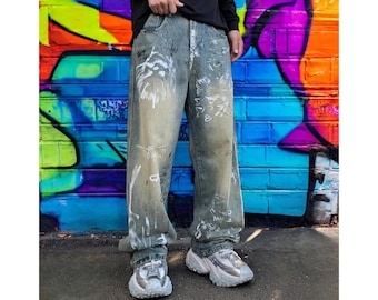 Denim Graffiti Jeans for Men, Wide Leg Denim Pants Women, Baggy Y2k Streetwear, Hip Hop Fashion