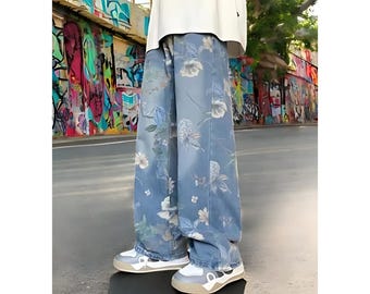 Floral Denim Jeans, Y2k Baggy Pants, Wide Leg Printed Trousers, Unique Fashion Gift