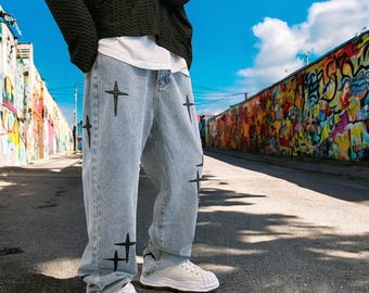 Pantalones vaqueros anchos y holgados para hombre, estilo urbano Y2K, con bordado de cruz y corte holgado.