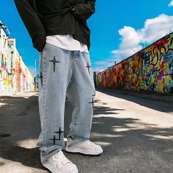 Men's Baggy Wide Leg Jeans, Y2K Streetwear Denim Pants, Cross