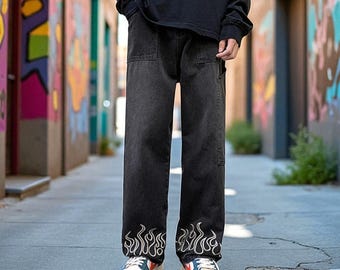 Wide Leg Casual Jeans for Men, Y2K Gothic Streetwear Trousers