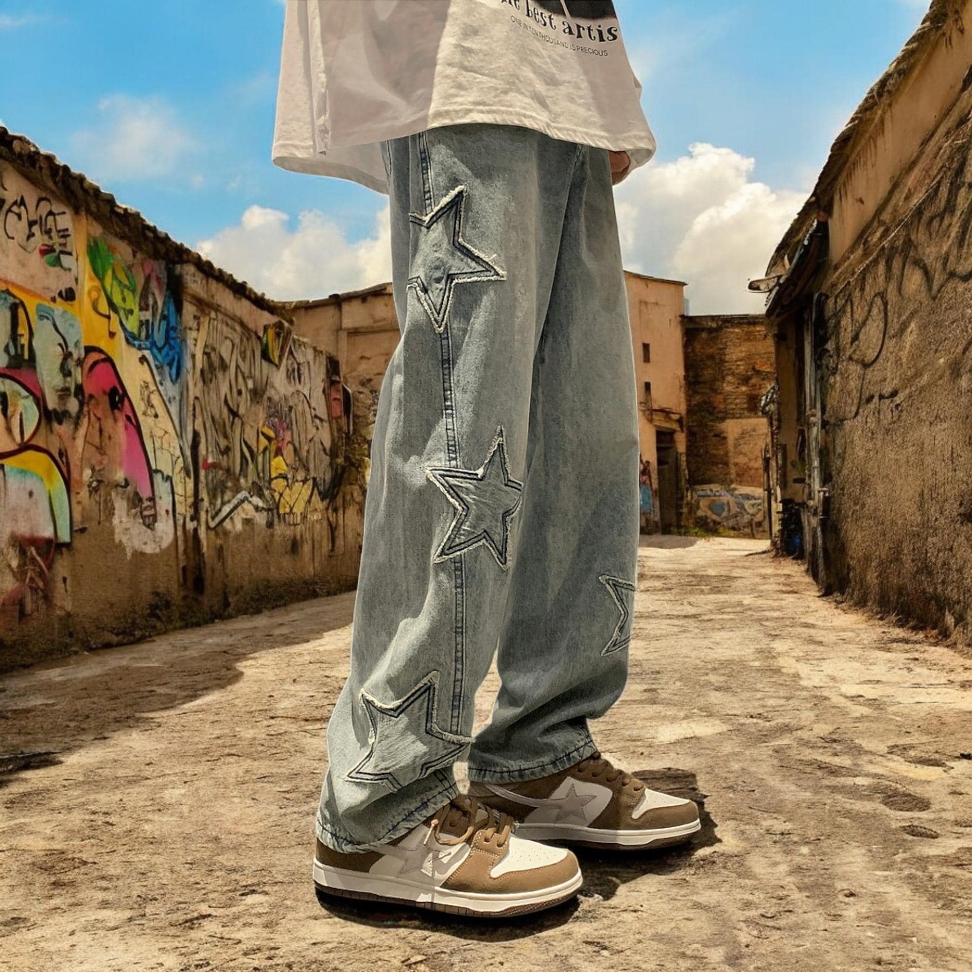 Star Embroidery Wide Leg Casual Jeans for Men, Gothic Y2K