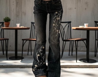 Women’s Black Cargo Jeans, Trendy Wide Leg Pants with Pockets, Grunge Streetwear Trousers for Casual Daily Outfit