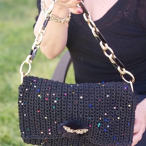 Handmade Black Sequin Evening Bag, 9.4 x 7.9 inc Lined Crochet Purse With Chain Handle, Polyester Macrame Party Clutch, Elegant Gift For Her