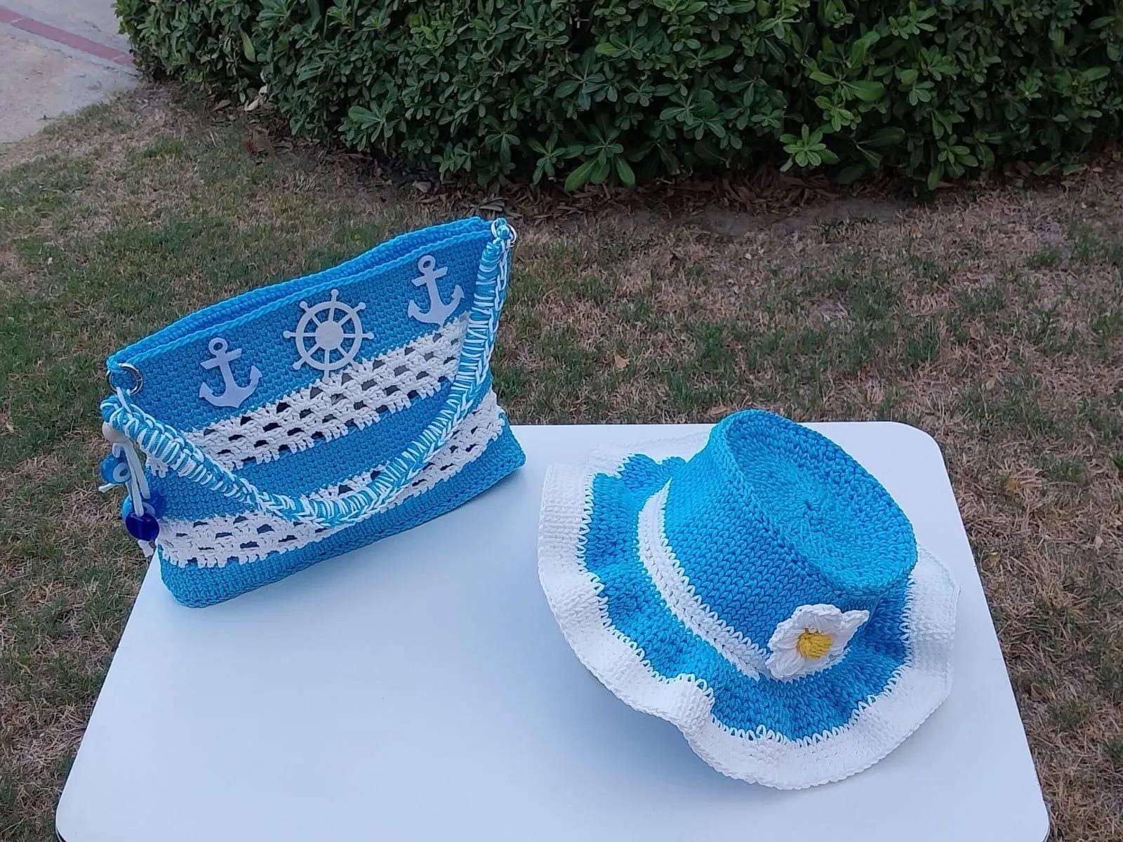 Handmade Crochet Bucket Hat: Blue Boho Sun Hat With Flower 