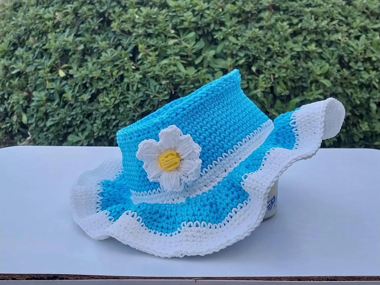 Handmade Crochet Bucket Hat: Blue Boho Sun Hat With Flower  display picture 1