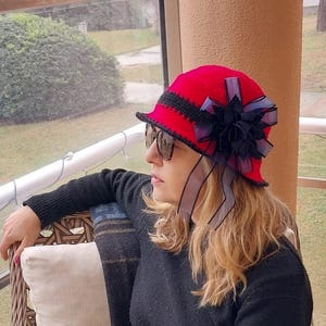 Handmade Crochet Wool Bucket Hat: Red & Black Boho Flower Hat