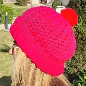 Winter Hat , Beanie , Handmade Hat, Winter Beanie, Fluffy Pompom Hat, Crochet Hat, Crochet Beanie , Cable Knit Hat , Fleece Lined Hat