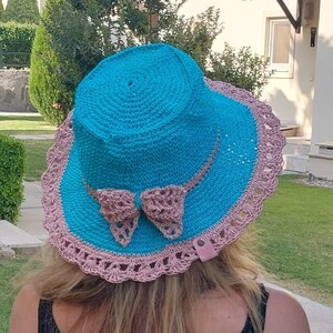 Handmade Crochet Bucket Hat: Blue Boho Sun Hat With Flower  display picture 2