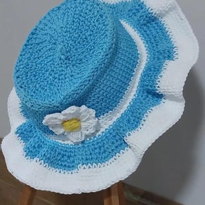 Handmade Crochet Bucket Hat: Blue Boho Sun Hat with Flower