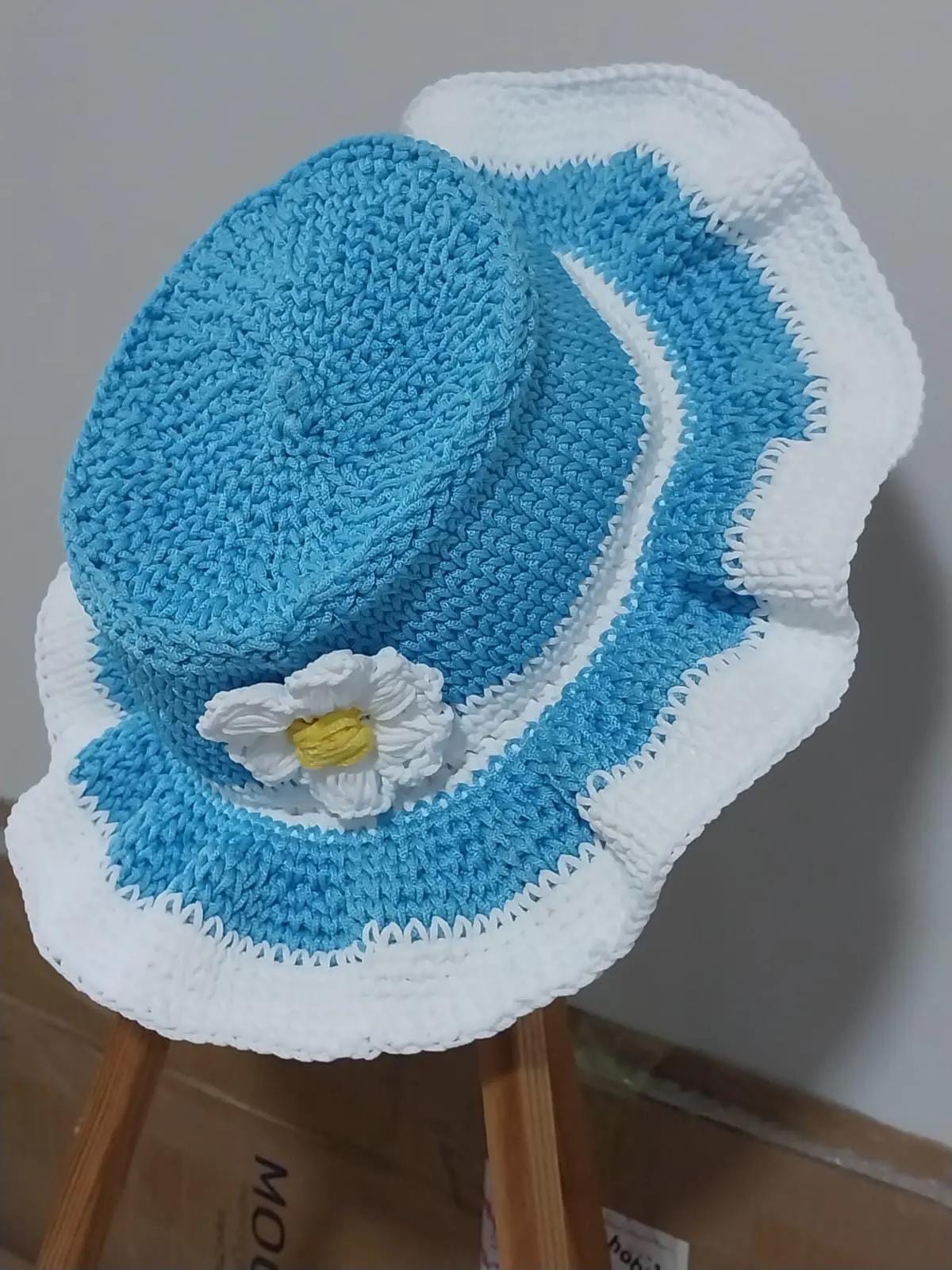 ?☀️Blue Crochet raffia Sun Bucket Hat with Floral Accent Cherry on Top Bucket - Vintage Crochet Granny Square Hat  main image 2