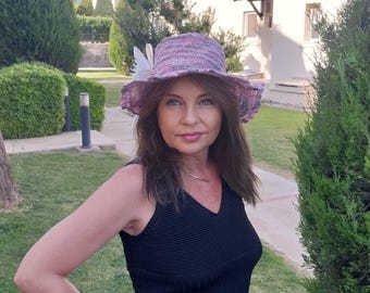 Crochet Sun Hat: Pink Boho Floppy Hat with White Flower