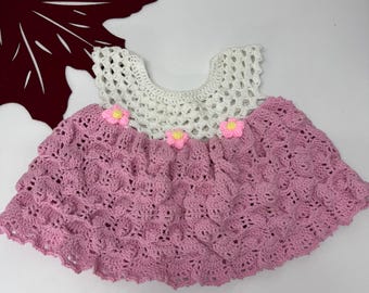 Handmade Baby Girl Princess Dress, Cotton Yarn Crochet Summer Dress, Pink And White Outfit, Gift For Baby Shower , First Birthday, Baptism