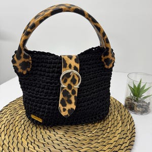 Handmade Shoulder Bag , Crochet Bag, Macrame Bag, Leopard Strap,  Evening Bag, Crochet Hand Bag, Crochet Shoulder Bag, Formal Event Bag