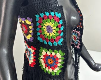 Handmade Crochet Granny Square Vest: Boho Festival Cotton Fringe