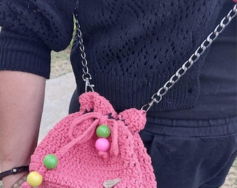 Handmade Macrame Round Bag: Boho Cotton Yarn Purse with Wooden Beads