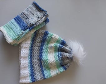 Conjunto de gorro de invierno, gorro de crochet y guantes sin dedos: gorro de lana con pompón y calentadores de brazos.