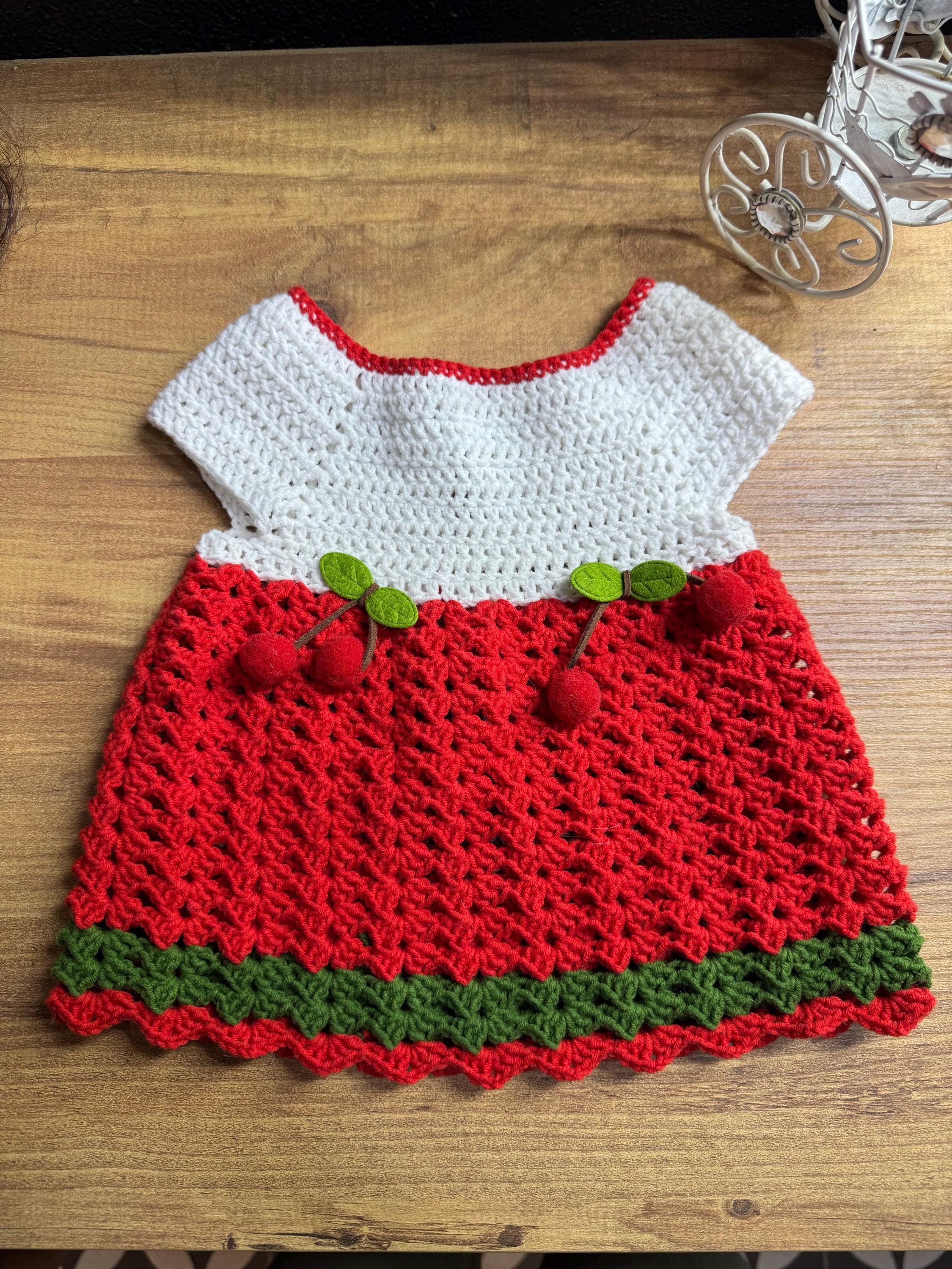 Handmade Crochet Baby Dress , White and  Red with Cherry Pom-Poms and Green Leaves, Textured Lacy Skirt, Unique gift for your Child