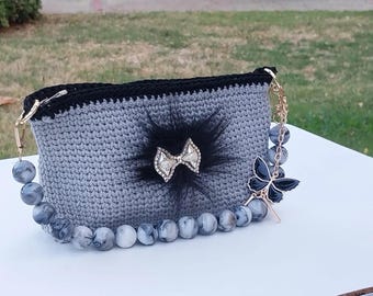 Handmade Crochet Shoulder Bag: Grey Macrame Bag with Beaded Handle