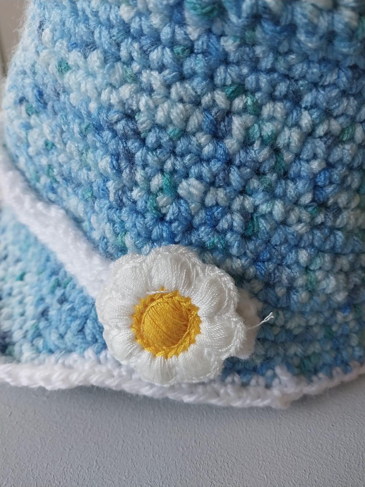 Blue Mohair Hat Bucket Head Piece with hand crochet flowers Cherry on Top Bucket - Vintage Crochet Granny Square Hat  main image 4