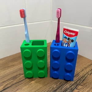 Kids LEGO inspired toothbrush holder 3D printed bathroom organizer colourful toothpaste holder fun kids bathroom décor  gift for children