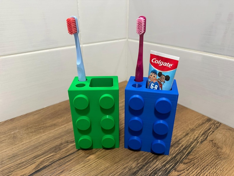 Kids LEGO inspired toothbrush holder 3D printed bathroom organizer colourful toothpaste holder fun kids bathroom décor  gift for children