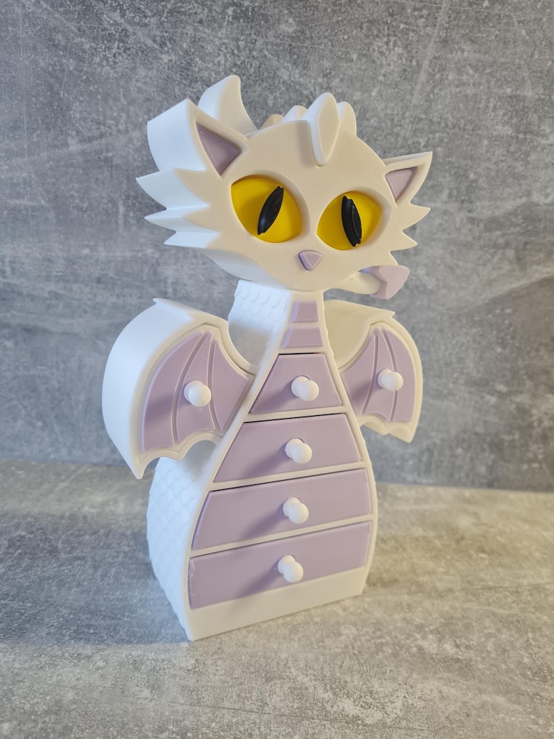Dragon Ring Holder Jewelry Box – Cute Kawaii Dragon Trinket Organizer with Hidden Drawers, Gothic Fantasy Desk Decor, Lavender Gift for DND