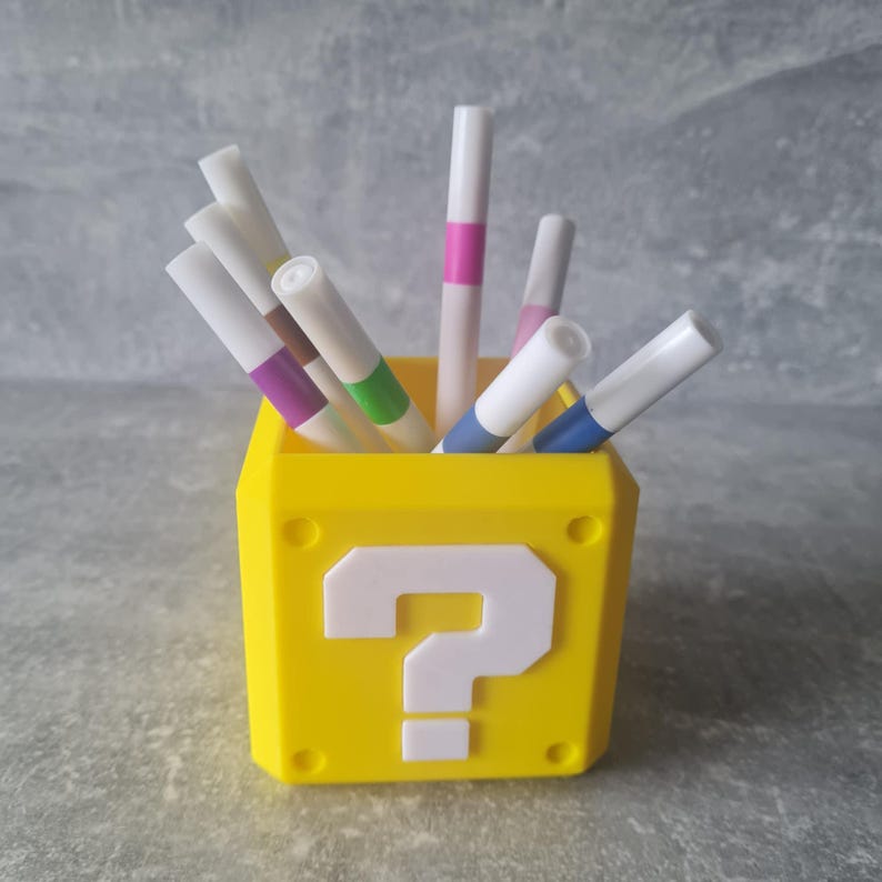 Pen Pot Holder Mario Block, Geek Desk Organiser, 3D Printed