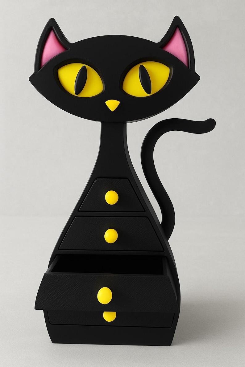 Atomic Cat Jewellery Box – 3D Printed Mid Century Modern Jewellery and trinket storage chest of drawers. Dressing Table Accessories. Bedroom