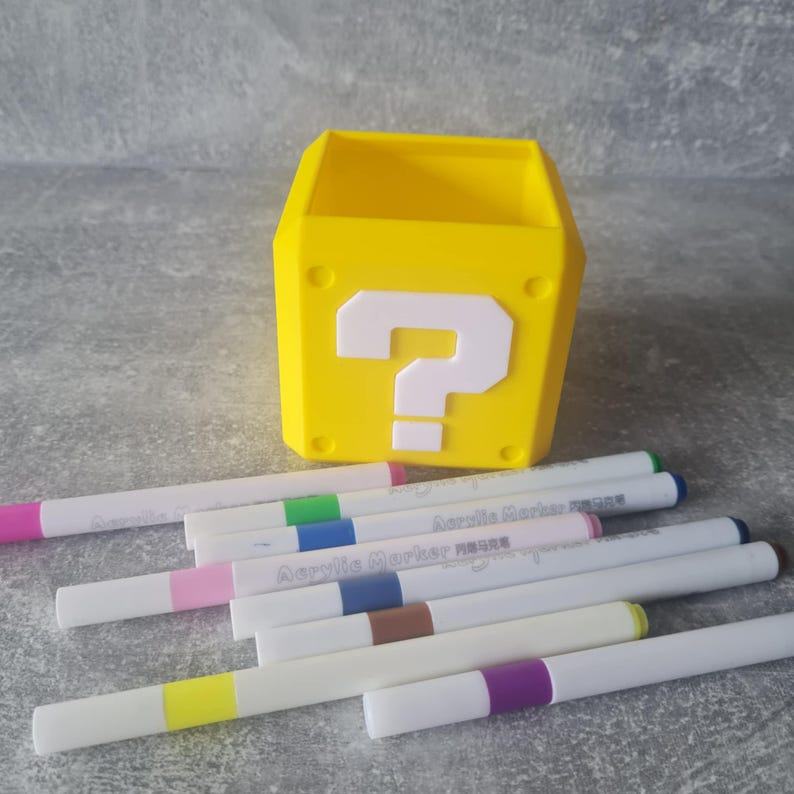 Pen Pot Holder Mario Block, Geek Desk Organiser, 3D Printed