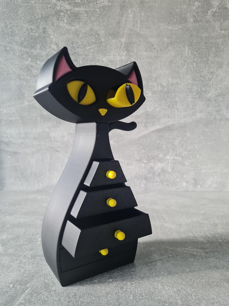 Atomic Cat Jewellery Box – 3D Printed Mid Century Modern Jewellery and trinket storage chest of drawers. Dressing Table Accessories. Bedroom
