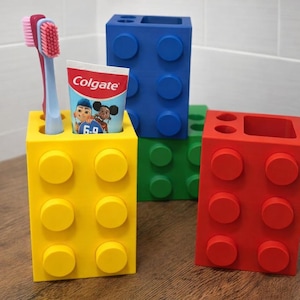 Kids LEGO inspired toothbrush holder 3D printed bathroom organizer colourful toothpaste holder fun kids bathroom décor  gift for children