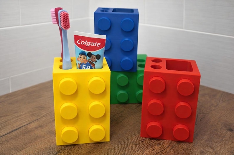 Kids LEGO inspired toothbrush holder 3D printed bathroom organizer colourful toothpaste holder fun kids bathroom décor  gift for children